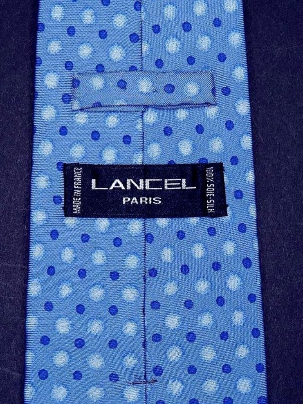 LANCEL Hand Made In France Pure Silk Blue W/Navy Dots Men's Necktie PRETTY - Picture 2 of 3